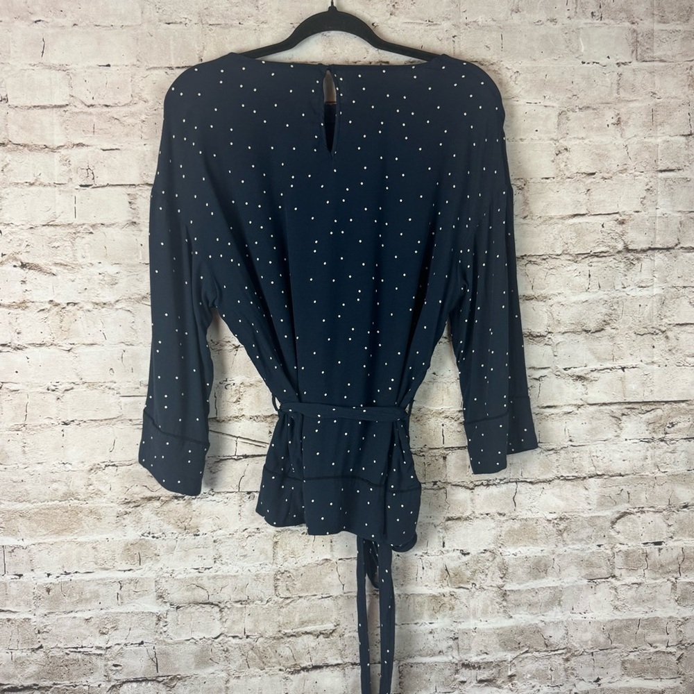 GANNI Women's Size 38 1621 Rosemont Crepe Blouse 3/4 Sleeve Navy White Pin Dots - Picture 7 of 8